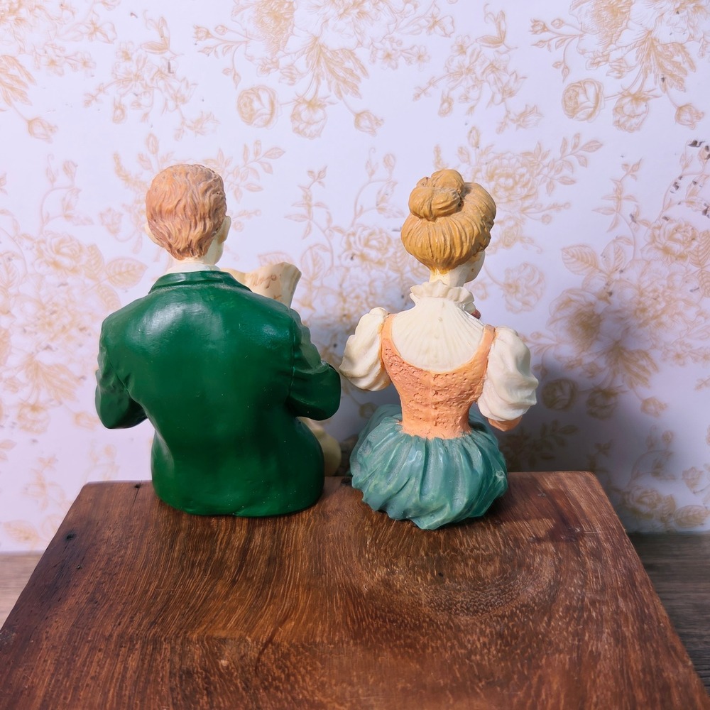 Victorian Shelf Sitter Figurines Resin Man Reading Woman Tea Set 2 Vintage Style - Picture 6 of 10